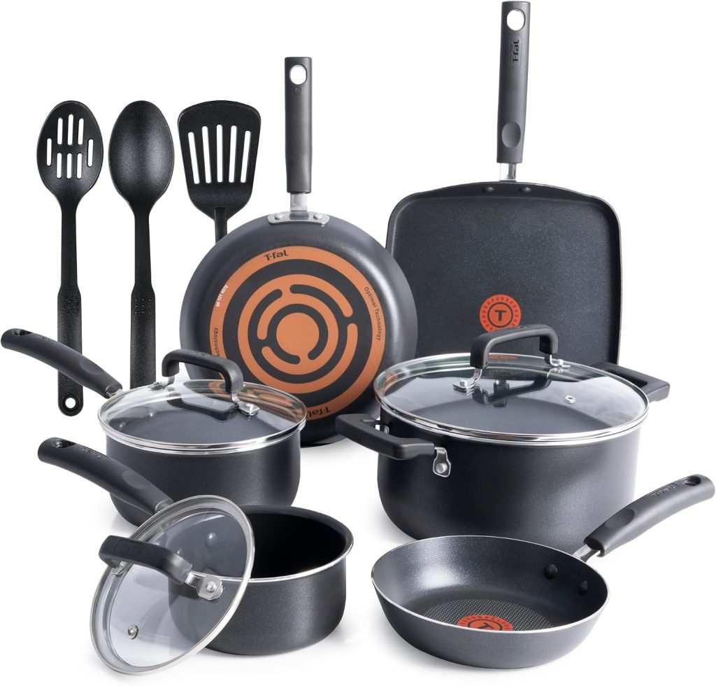 T-Fal Signature Nonstick Pots and Pans Set 12 Piece, Oven Broiler Safe 350F, Kitchen Cookware Set w/Fry Pans, Saucepans, Saute Pan, Dutch Oven, Griddle, Kitchen, Home, Dishwasher Safe, Black