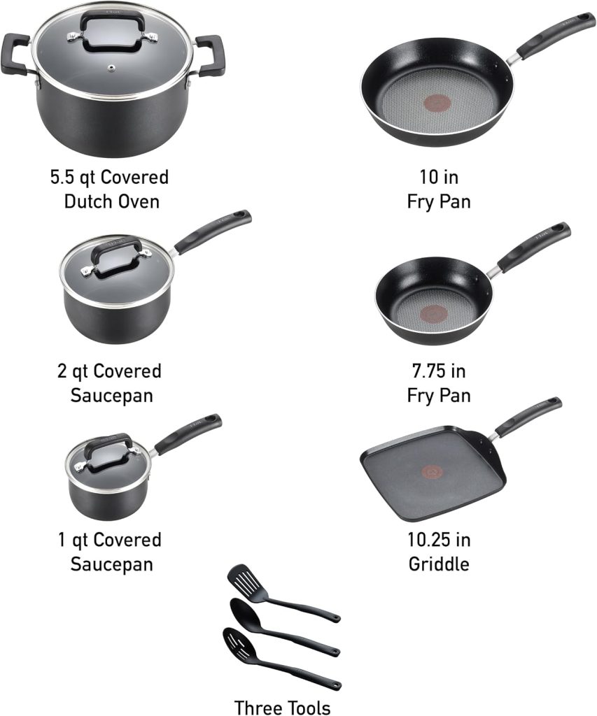 T-Fal Signature Nonstick Pots and Pans Set 12 Piece, Oven Broiler Safe 350F, Kitchen Cookware Set w/Fry Pans, Saucepans, Saute Pan, Dutch Oven, Griddle, Kitchen, Home, Dishwasher Safe, Black