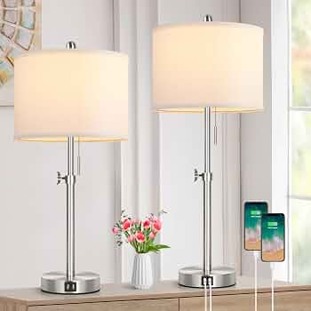 Table Lamp Set of 2 for Bedroom, Bedside Lamp with 2 USB Ports, 23″ to 30″ Height Adjustable Tall Table Lamp for Living Room End Tables, Modern Silver Nightstand Lamp with Pull Chain