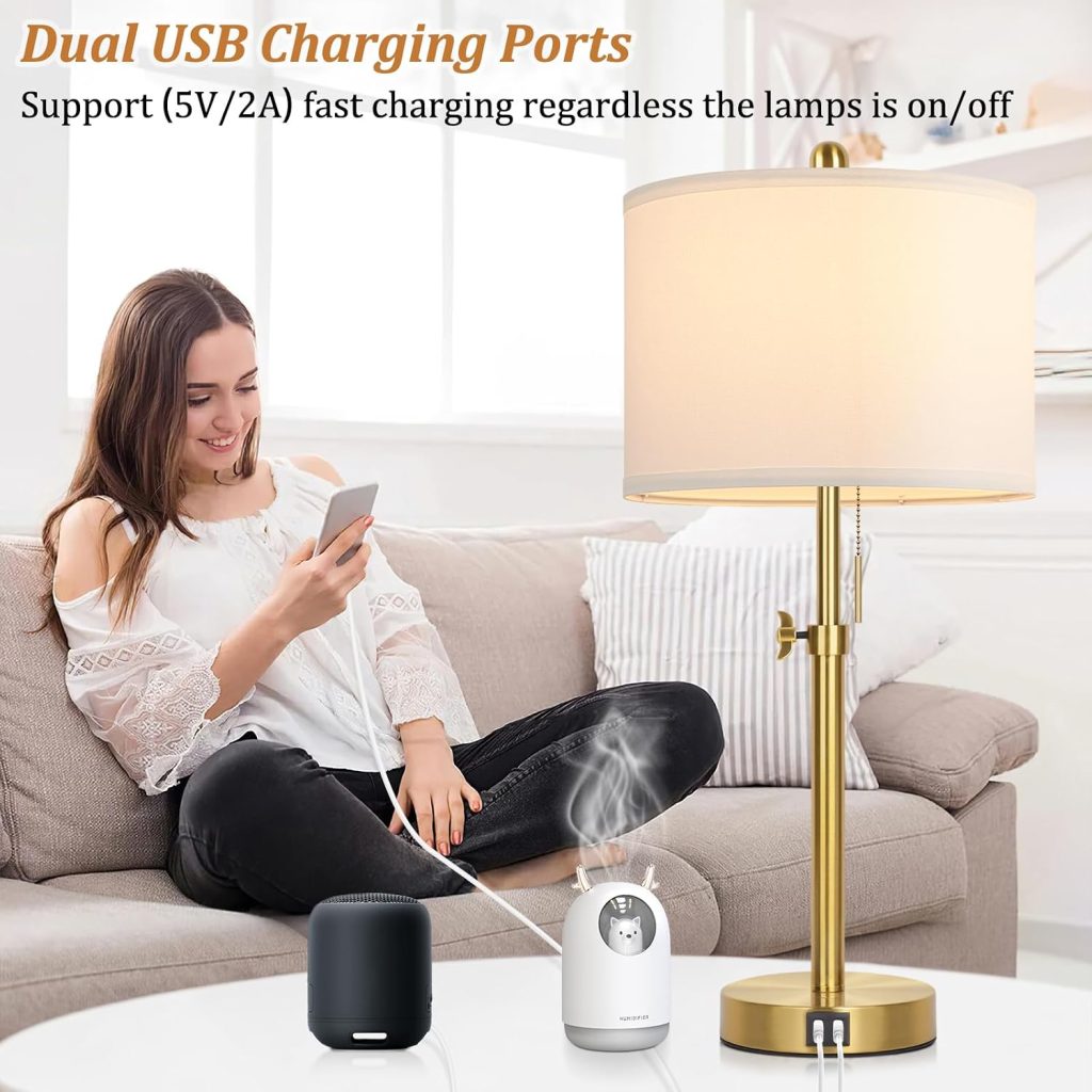 Table Lamp Set of 2, Bedside Lamp with 2 USB Ports, Gold Tall Table Lamp for Living Room End Tables, 23″ to 30″ Height Adjustable Lamp for Bedroom, Farmhouse Table Lamps with Pull Chain, E26