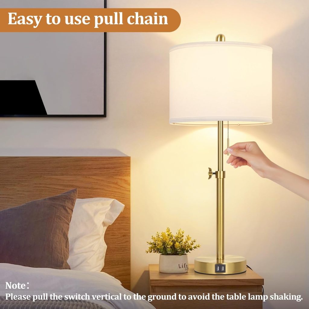 Table Lamp Set of 2, Bedside Lamp with 2 USB Ports, Gold Tall Table Lamp for Living Room End Tables, 23″ to 30″ Height Adjustable Lamp for Bedroom, Farmhouse Table Lamps with Pull Chain, E26