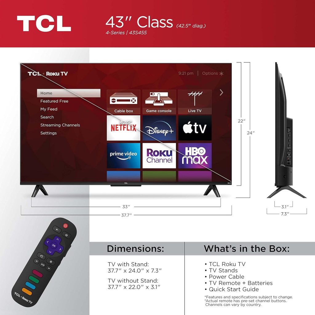 TCL 43″ Class 4-Series 4K UHD HDR Smart Roku TV – 43S455