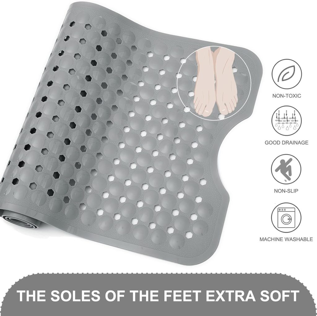 TEESHLY Bath Tub and Shower Mats, Non Slip 40 x 16 Inch Extra Large Bathtub Mat, Machine Washable Bathmat with Drain Holes, Suction Cups for Bathroom Floor, Gray