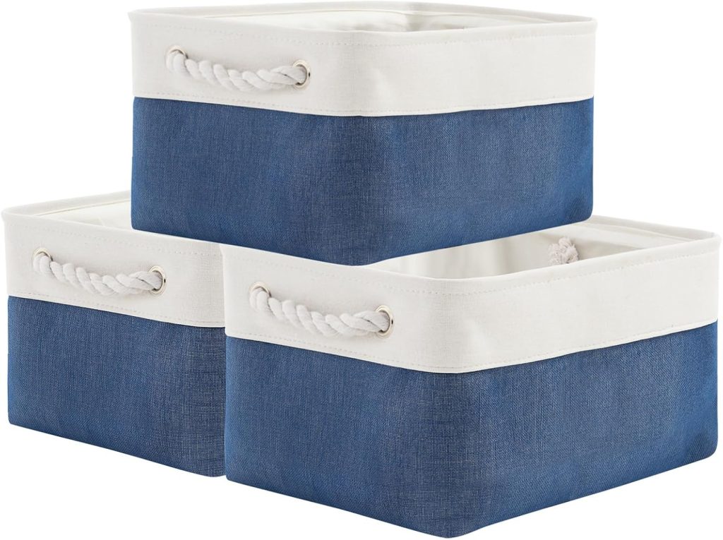 TheWarmHome Storage Basket for Organizing – Medium 3 Pack 14x10x7 inch Fabric Storage Cubes for Shelves with Rope, Collapsible Storage Bin for Organizer Closet Cloth Gift Toy (White & Jean Blue)