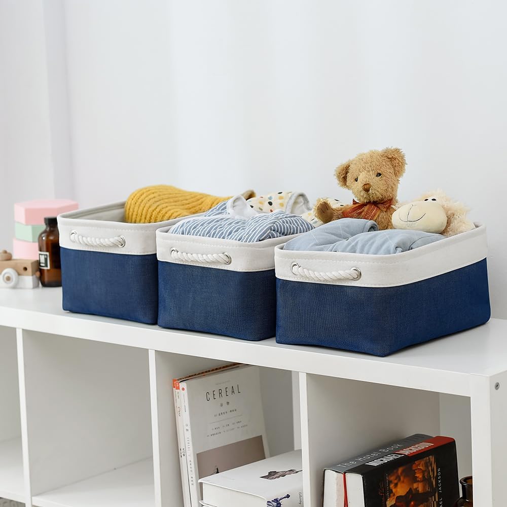 TheWarmHome Storage Basket for Organizing – Medium 3 Pack 14x10x7 inch Fabric Storage Cubes for Shelves with Rope, Collapsible Storage Bin for Organizer Closet Cloth Gift Toy (White & Jean Blue)