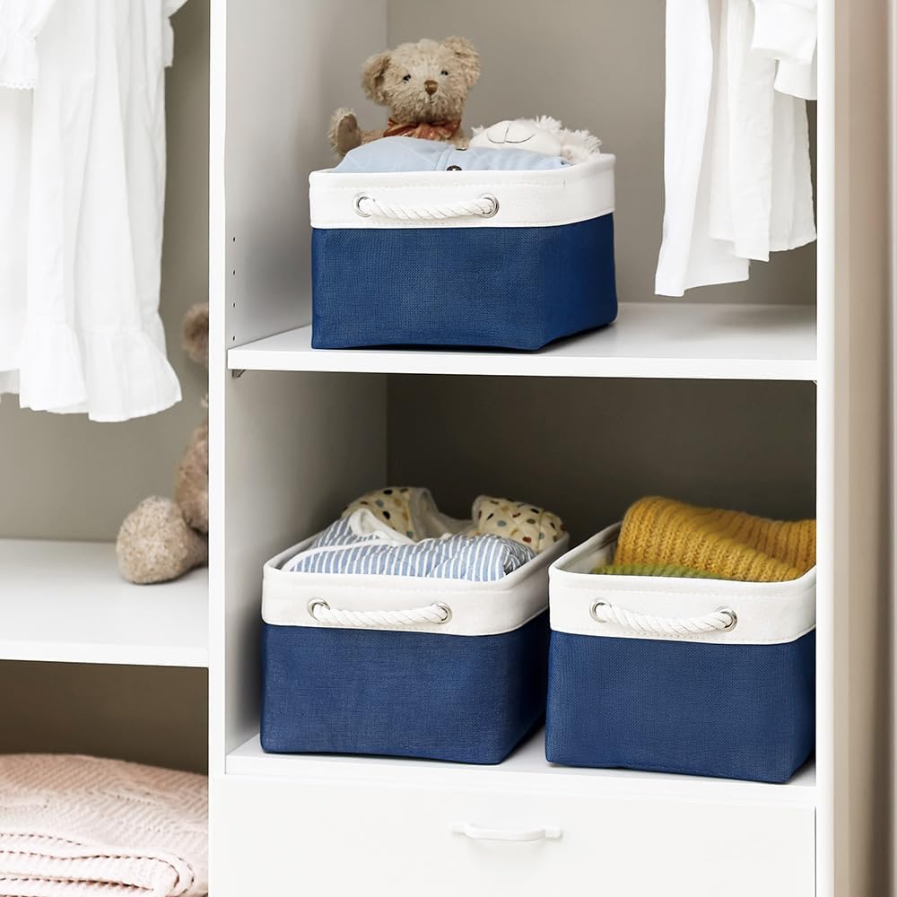 TheWarmHome Storage Basket for Organizing – Medium 3 Pack 14x10x7 inch Fabric Storage Cubes for Shelves with Rope, Collapsible Storage Bin for Organizer Closet Cloth Gift Toy (White & Jean Blue)