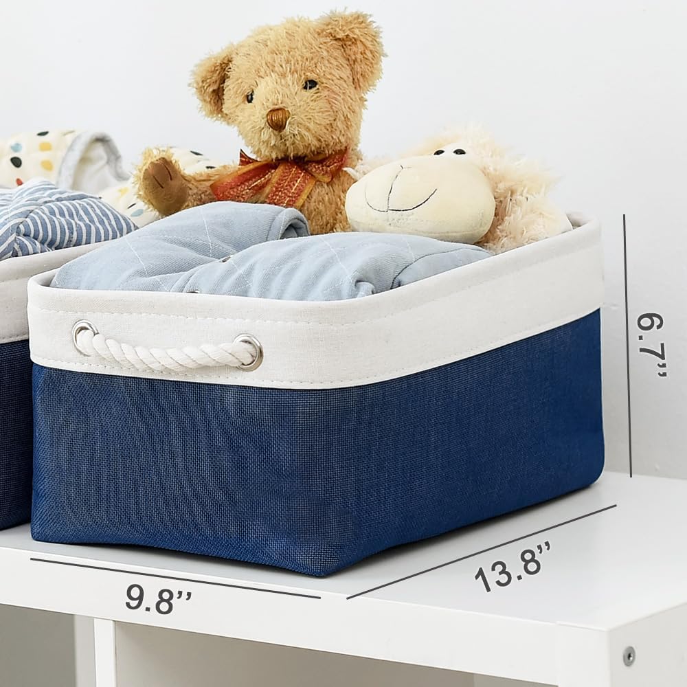 TheWarmHome Storage Basket for Organizing – Medium 3 Pack 14x10x7 inch Fabric Storage Cubes for Shelves with Rope, Collapsible Storage Bin for Organizer Closet Cloth Gift Toy (White & Jean Blue)