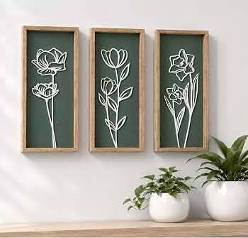 Tide and Tales 3d Green Wall Art, Wooden Botanical Wall Decor, Set of 3