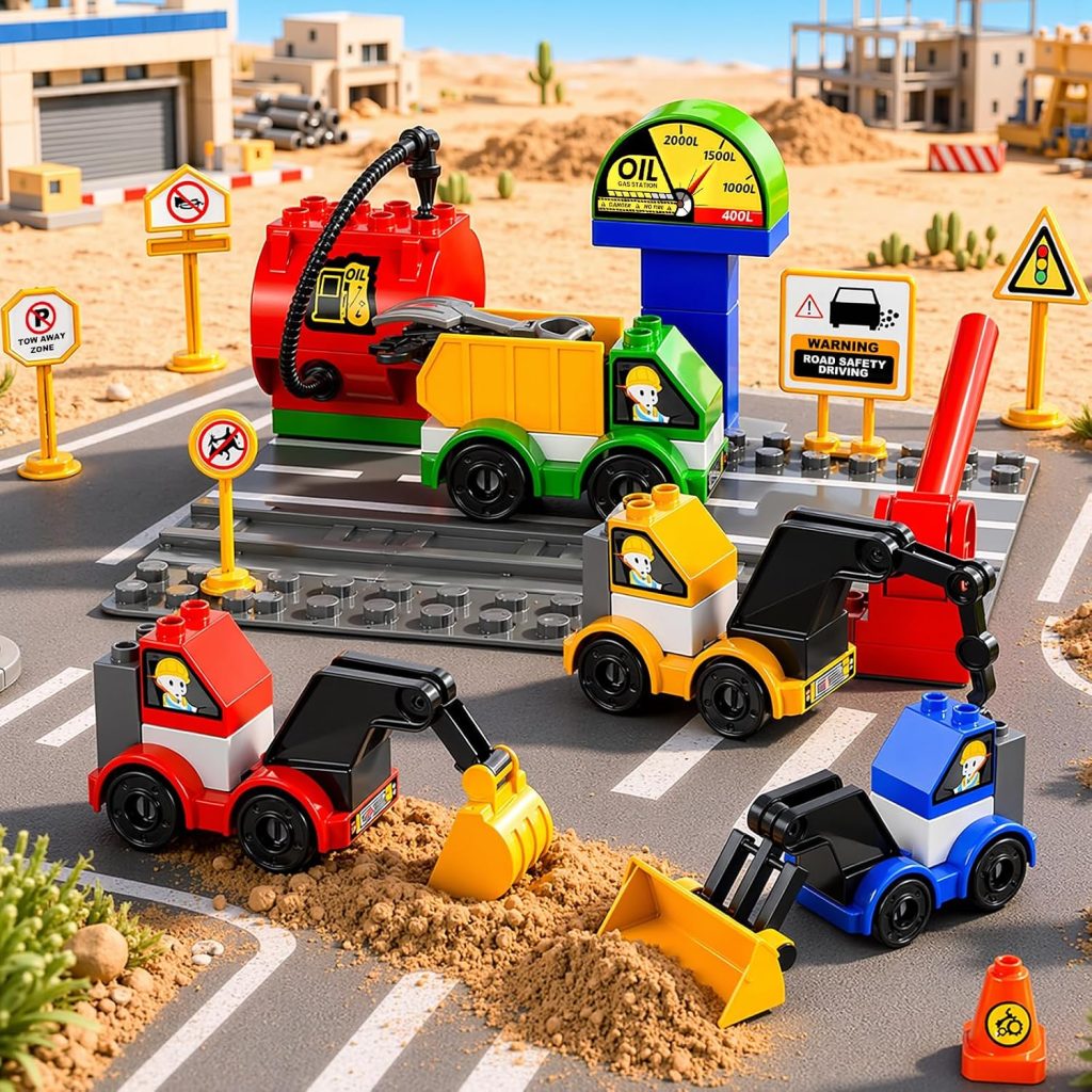 Toddlers Car Building Blocks Set, 72 Pcs Large Building Blocks, STEM Construction Toys Include Excavator,Bulldozer,Dump Truck,Road Traffic,Signs,Toys for 3 4 5 4 7 8 Year Old Boys Girls