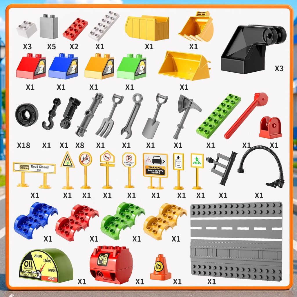 Toddlers Car Building Blocks Set, 72 Pcs Large Building Blocks, STEM Construction Toys Include Excavator,Bulldozer,Dump Truck,Road Traffic,Signs,Toys for 3 4 5 4 7 8 Year Old Boys Girls