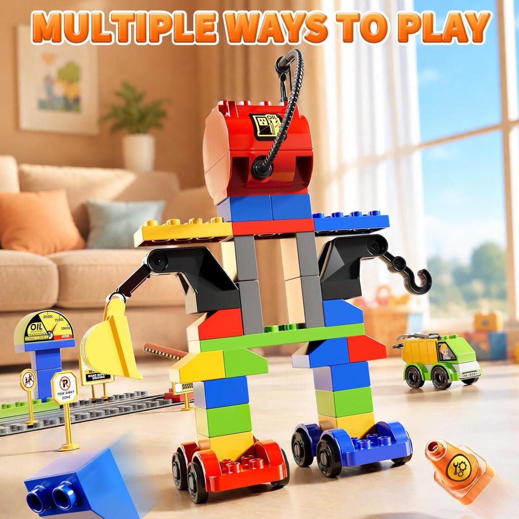 Toddlers Car Building Blocks Set, 72 Pcs Large Building Blocks, STEM Construction Toys Include Excavator,Bulldozer,Dump Truck,Road Traffic,Signs,Toys for 3 4 5 4 7 8 Year Old Boys Girls