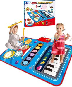Toys for 1 Year Old Boy Gifts, 2 in 1 Musical Mat with Piano & Drum, Adjustable Volume, Musical Toys for 1 Year Old, Christmas Birthday Easter Gifts for 1-2 Year Old Boys Girls (Blue)