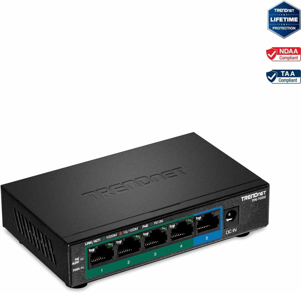 TRENDnet 5-Port Gigabit PoE+ Switch,TPE-TG52,Lifetime Protection