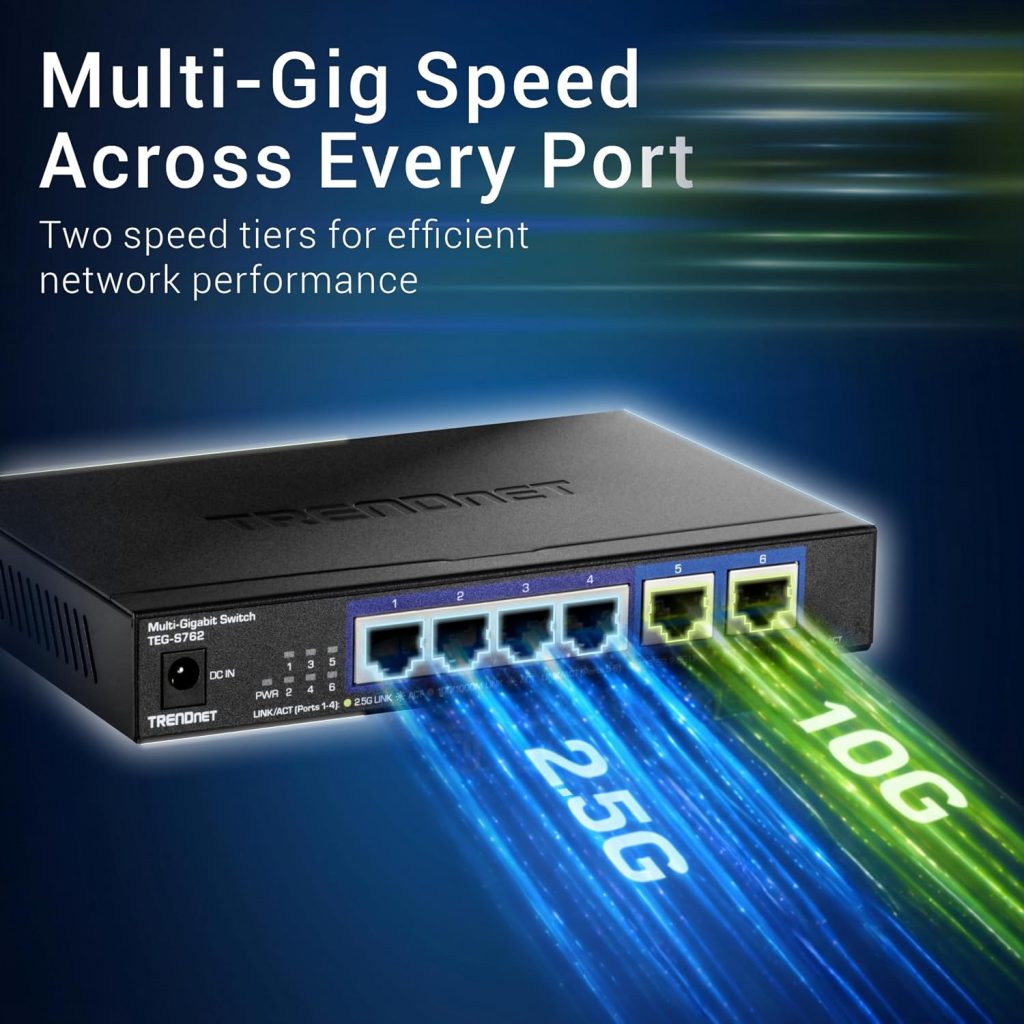 TRENDnet 6-Port 10G Switch, 4 x 2.5G RJ-45 Base-T Ports, TEG-S762