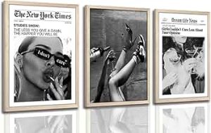 Trendy The New York Times Wall Art 12x16in Wood Framed, Black and White Elegant Urban Feminist Canvas Posters, Retro Trendy Cocktail Girly Posters Bar Cart Newspaper Living Room Wall Decor Set of 3
