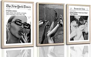 Trendy The New York Times Wall Art 12x16in Wood Framed, Black and White Elegant Urban Feminist Canvas Posters, Retro Trendy Cocktail Girly Posters Bar Cart Newspaper Living Room Wall Decor Set of 3