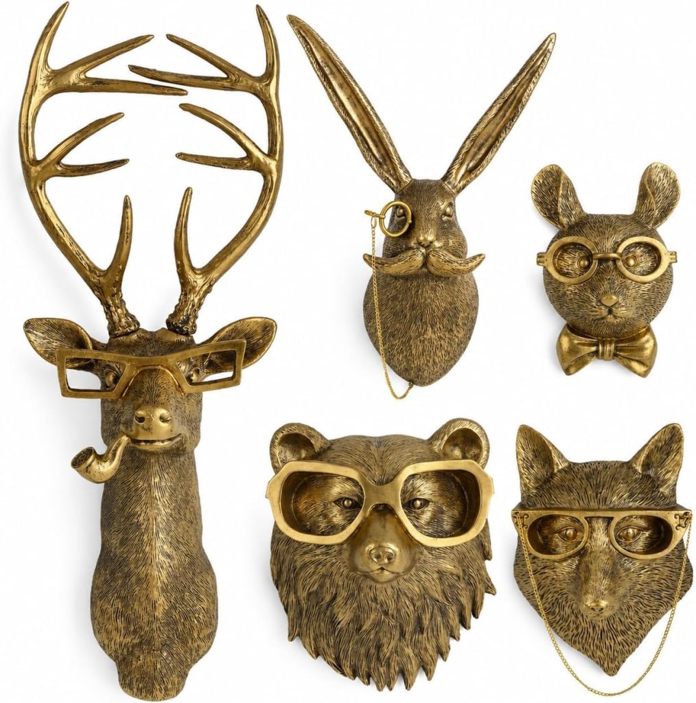 UITWMKTG Gold Animal Head Wall Decor Set of 5 – Deer, Rabbit, Mouse, Bear, Fox Wall Sculptures, Modern Wall Art for Living Room, Bedroom, Office, Gold Wall Hanging Home Decoration