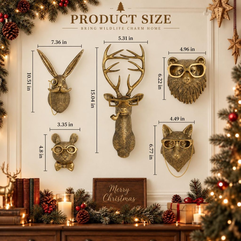 UITWMKTG Gold Animal Head Wall Decor Set of 5 – Deer, Rabbit, Mouse, Bear, Fox Wall Sculptures, Modern Wall Art for Living Room, Bedroom, Office, Gold Wall Hanging Home Decoration