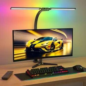 Upgraded LED Desk Lamp for Home Office with RGB, Rotatable Computer Desk Light with Remote, Tall Table Lamp with Clamp for Working, Dimmable Dual Head Task Lighting for Monitor PC, 22W