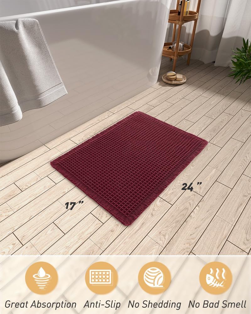 Upgraded Waffle Bath Mat Ultra Absorbent Non Slip Bathroom Mat, 17″ x 24″