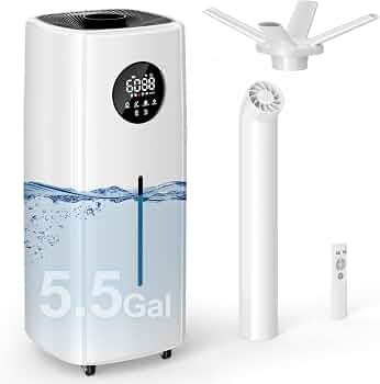 Uthfy 21L/5.5Gal Humidifier for Large Room 3000sq.ft, 2000ml/h Dual 360° Nozzles Ultrasonic Humidifiers for Bedroom, Top Fill Design, 4 Atomizing Plates, 12H Timer, Wheels for Indoor Use