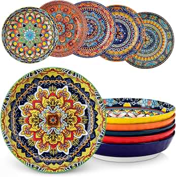 vancasso 32 Oz Pasta Bowls, Porcelain Large Colorful Salad Soup Bowls Set of 6, Pasta Serving Bowls Plates for Kitchen, Dishwasher & Microwave Safe, Series KRVI