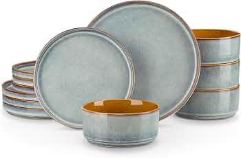 vancasso ONION Ceramic Plates and Bowls Sets, 12 Pieces Light Blue Dinnerware Sets for Kitchen, Reactive Glaze Dishes Set for 4, Dishwasher and Microwave Safe
