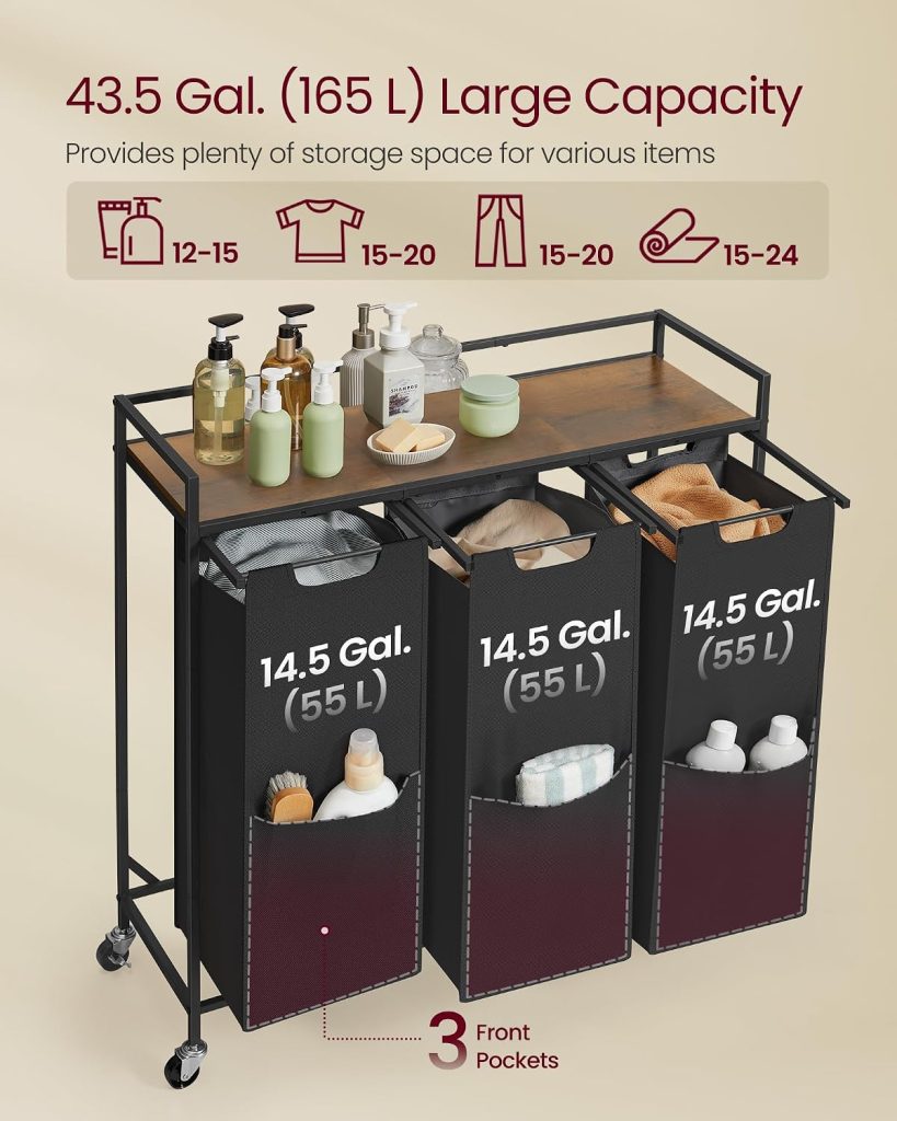VASAGLE Laundry Sorter 3 Section, Rolling Cart with Shelf 43.5 Gal. (165 L)