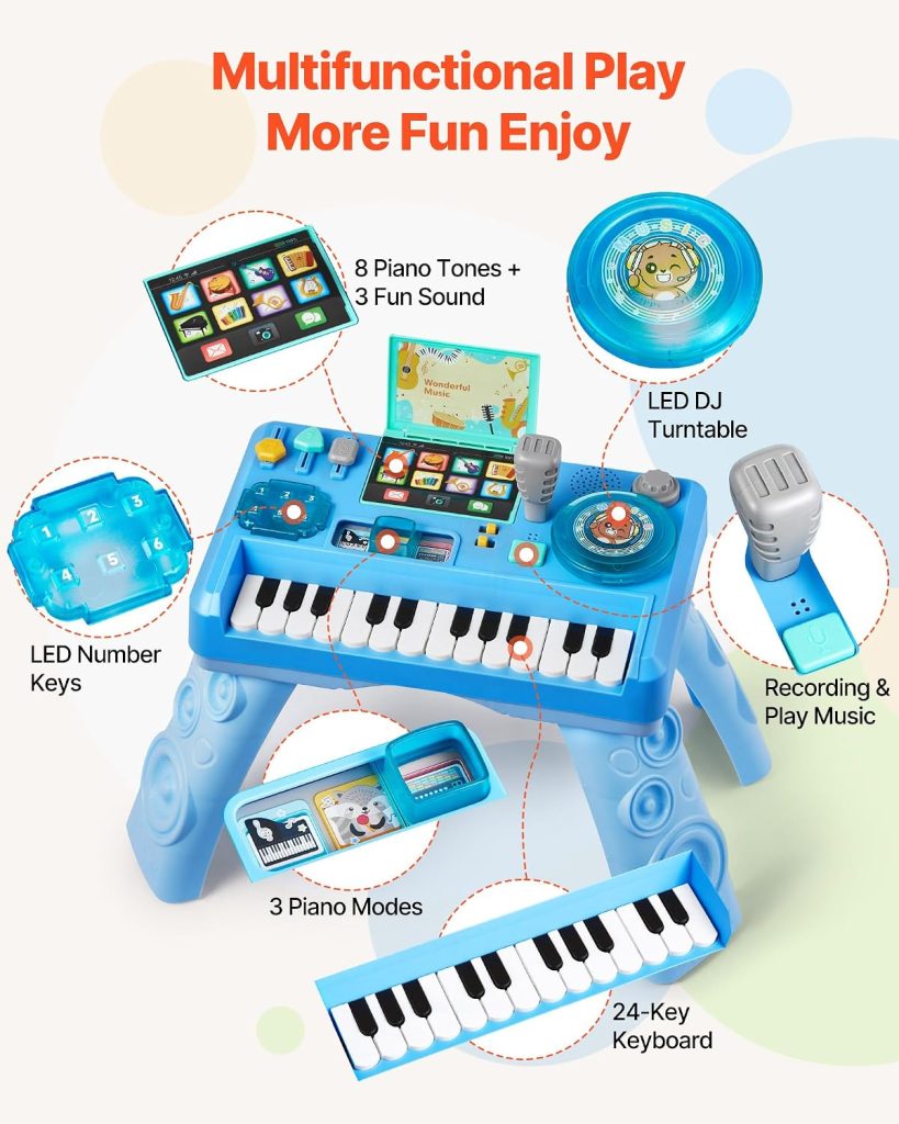 VEVOR Baby DJ Playset for Toddlers 6-18 Months, Educational Musical Table Toys with 133 Sound Sources, Recording and LED DJ Turntable, Baby Activity Table for Birthday, for Kids Aged 6-18 Months
