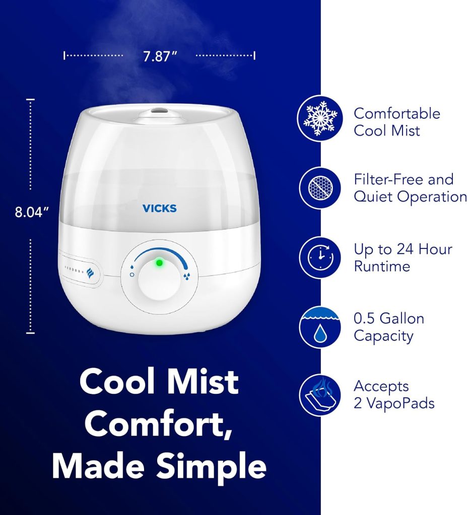 Vicks Mini Filter Free Cool Mist Humidifier for Small Rooms, 0.5 Gal Tank