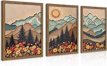 Vintage Boho Mountain Wall Art Set of 3 Framed, Retro Wildflower Nature Wall Decor Oil Painting, Abstract Layered Mountain Landscape Canvas Prints for Living Room Bedroom Office 12×16 Inch