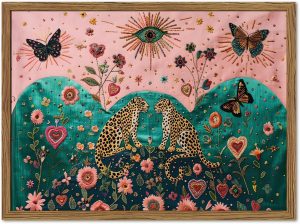 Vintage Leopard Wall Art Mystical Cheetah Wall Decor Painting, Whimsical Animal Butterfly and Floral Poster Canvas Prints Picture for Living Room Bedroom 12×16 inch Wood Framed