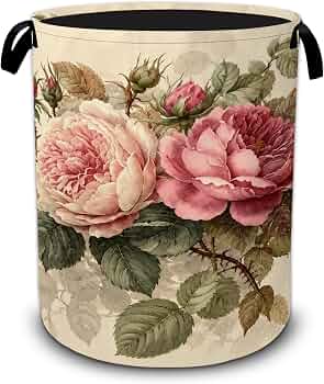 Vintage Peony Flower Laundry Basket,Foldable Oxford Laundry Hamper with Handles,Collapsible Clothes Storage Bucket Tote Bag for Laundry Room,Bathroom,Bedroom,Dorm