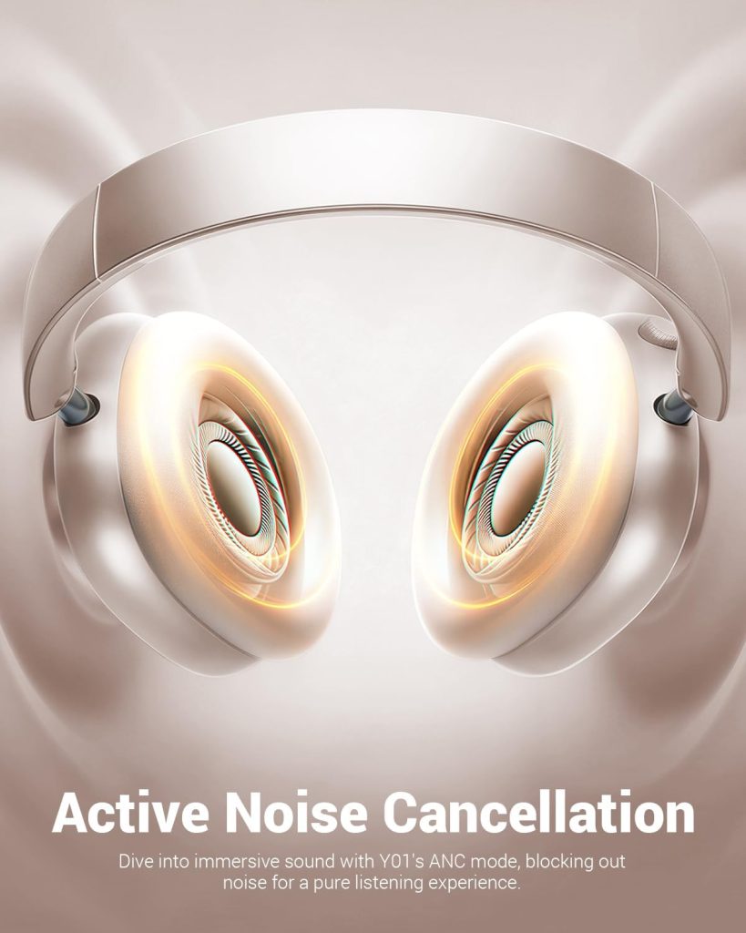 Wentronic Y01 Wireless Noise Canceling Headphones Bluetooth 5.3 Over Ear Headphones with Microphone, Hi-Res Audio, 48H Playtime, Foldable Comfortable Earpads,Compatible with iOS,Android,PC, Starlight