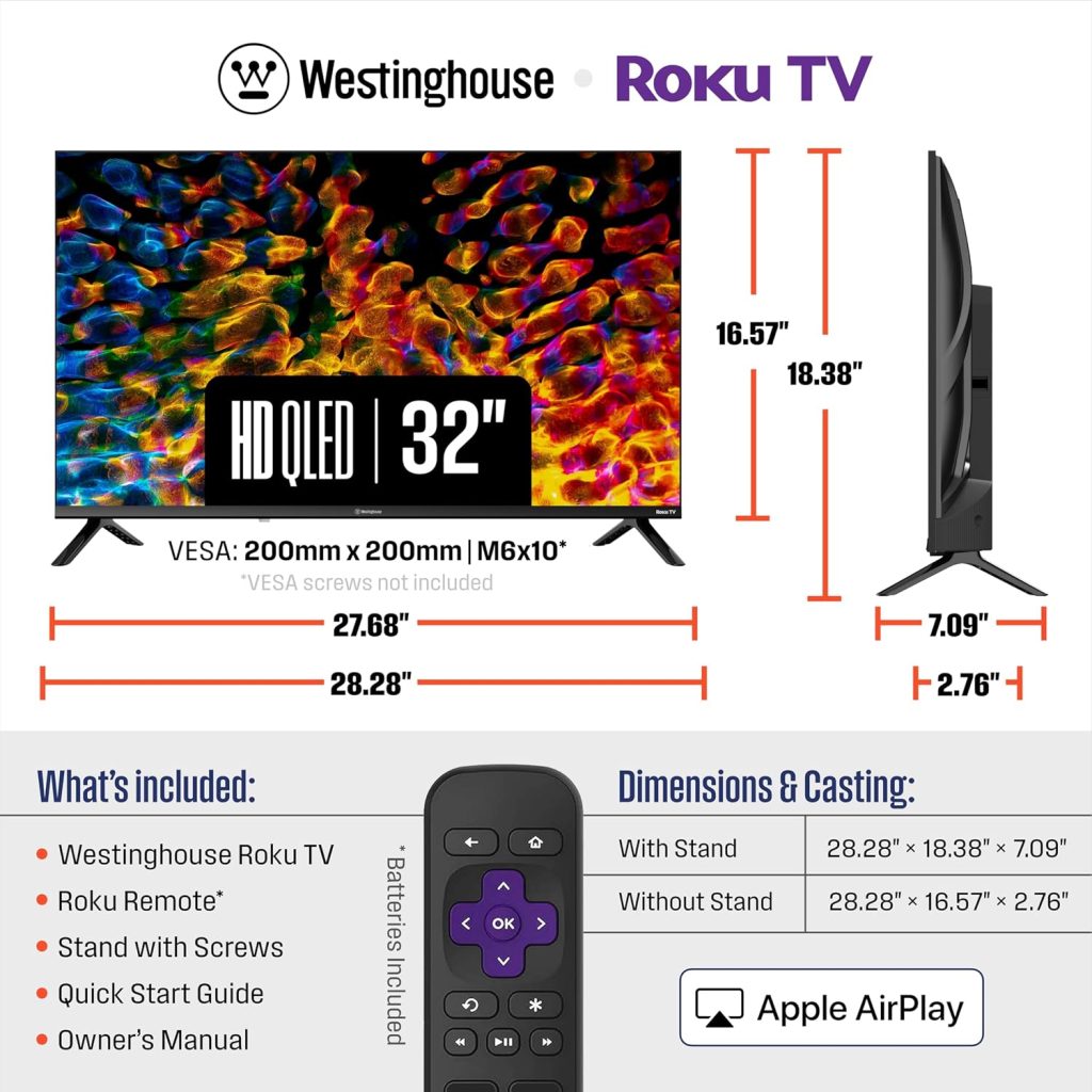 Westinghouse QLED Roku 32 Inch Smart TV, HD, Dolby Audio, AirPlay 2, Alexa