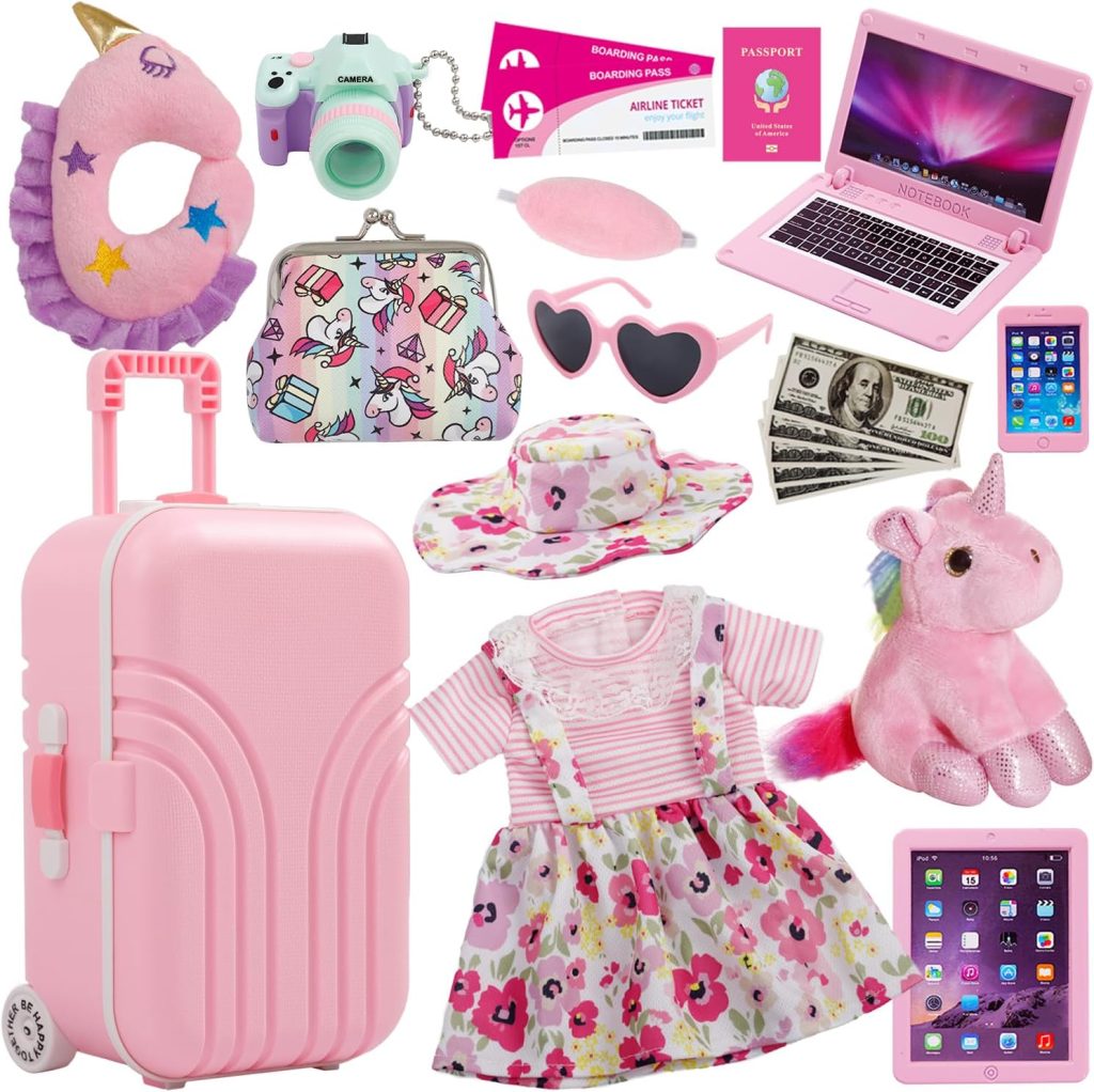 Windolls 18 Inch Doll Suitcase Travel Luggage Play Accessories, Doll Clothes Accessories Carrier Storage Set, Case, Hat, Sunglasses, Camera, Pillow, Toy Pet
