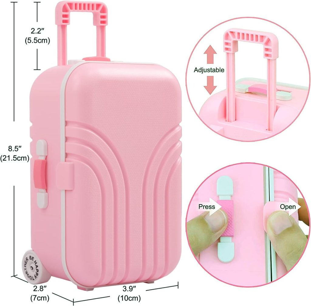 Windolls 18 Inch Doll Suitcase Travel Luggage Play Accessories, Doll Clothes Accessories Carrier Storage Set, Case, Hat, Sunglasses, Camera, Pillow, Toy Pet