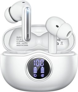 Wireless Earbuds, Bluetooth 6.0 Headphones HiFi Stereo 50H Playback LED Digital Display Ear Buds with ENC Noise Canceling Headset, IPX7 Waterproof Earphones for Gym/Running/Work（White）