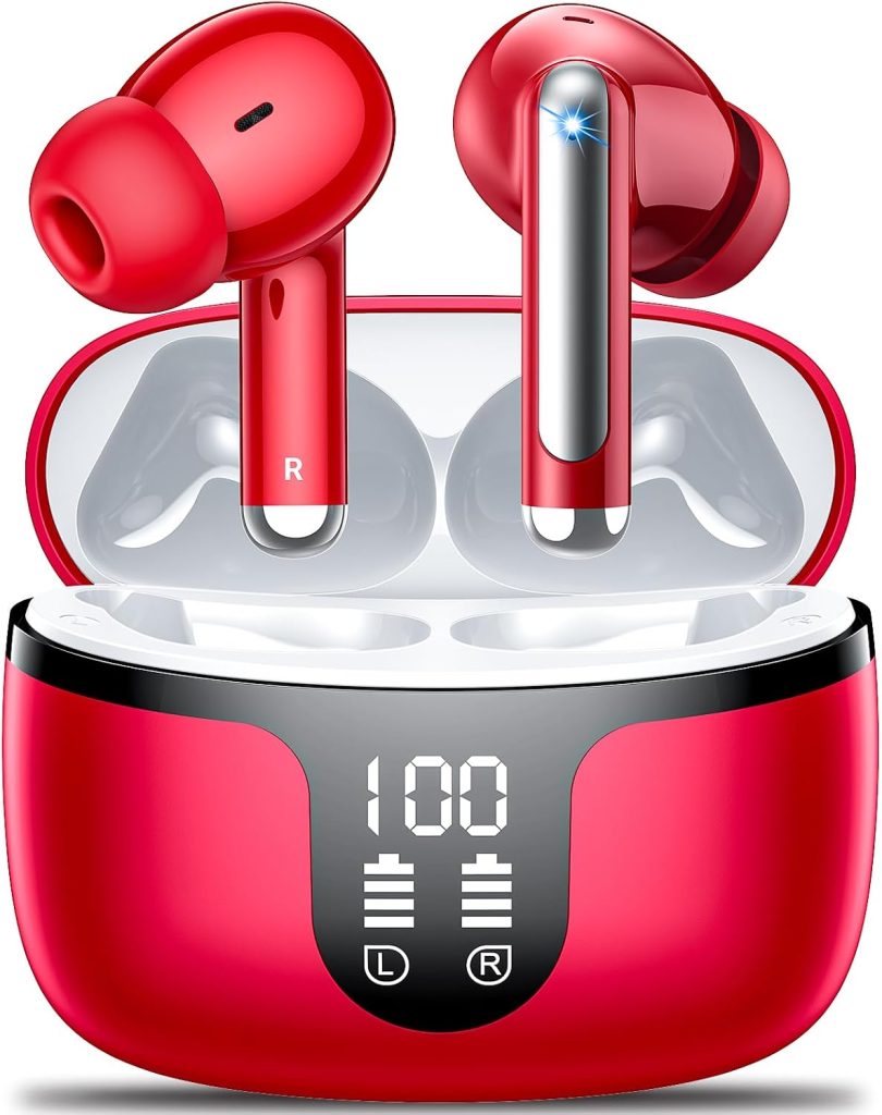 Wireless Earbuds, Bluetooth 5.4 ear buds with 4 ENC Noise Cancelling Mics, Bluetooth Earbuds with 48H Playtime, IPX7 Waterproof Workout earbuds, Red headphones HiFi Sound LED Display for iOS Android