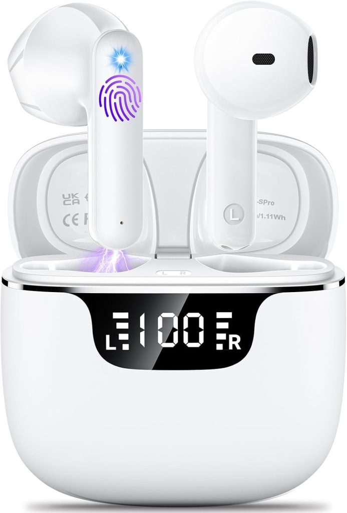 Wireless Earbuds, Bluetooth 5.4 Headphones with 42H Ultralight Ear Buds,Bluetooth Earbuds with 4 ENC Noise Cancelling Mics, HiFi Deep Bass Dual LED Display USB-C, Waterproof Earphones for Android iOS