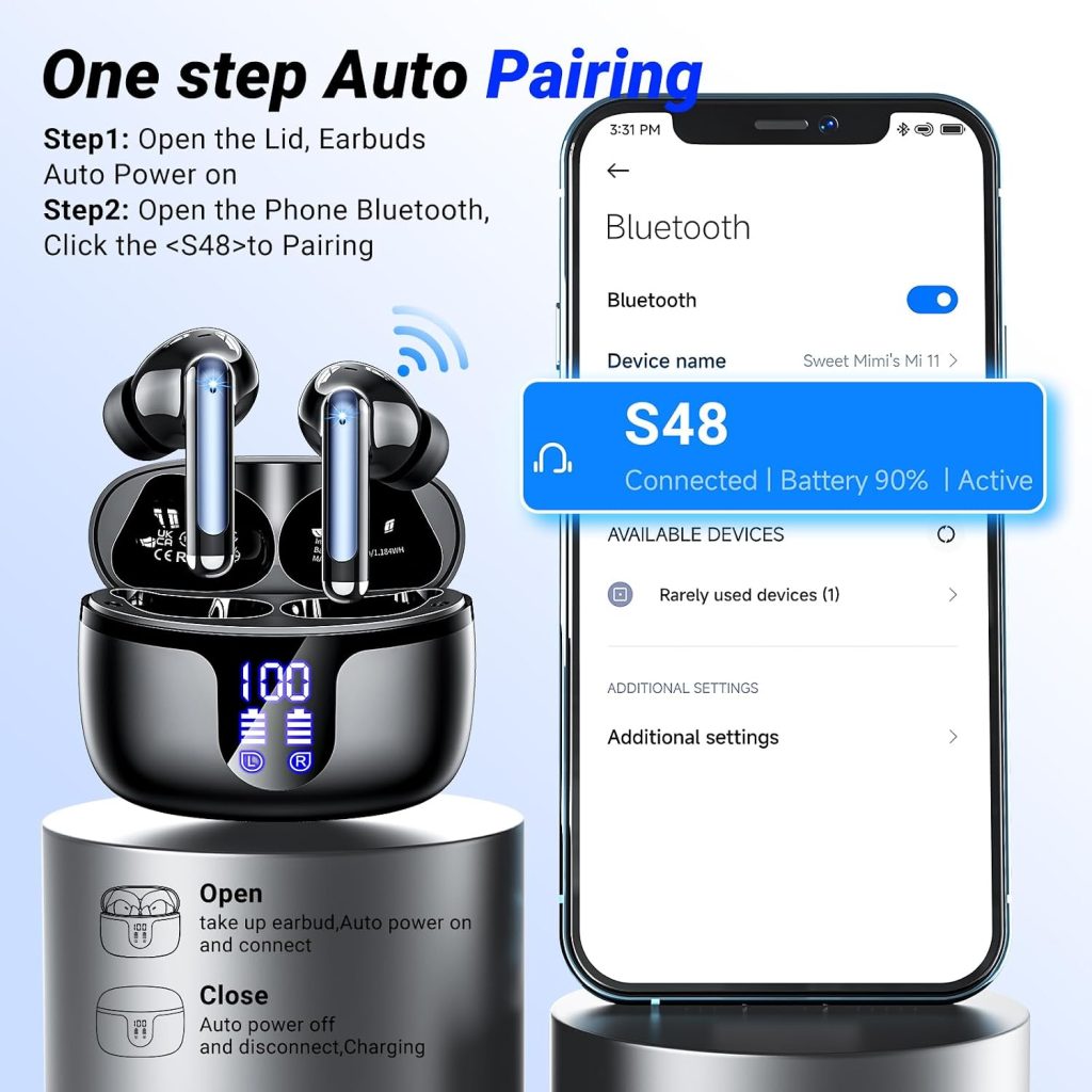 Wireless Earbuds, Bluetooth 5.4 ear buds with 4 ENC Noise Cancelling Mics, with 48H Playtime Bluetooth Earbuds, IPX7 Waterproof Workout earbuds,HiFi Sound LED Display Headphones Black for iOS Android