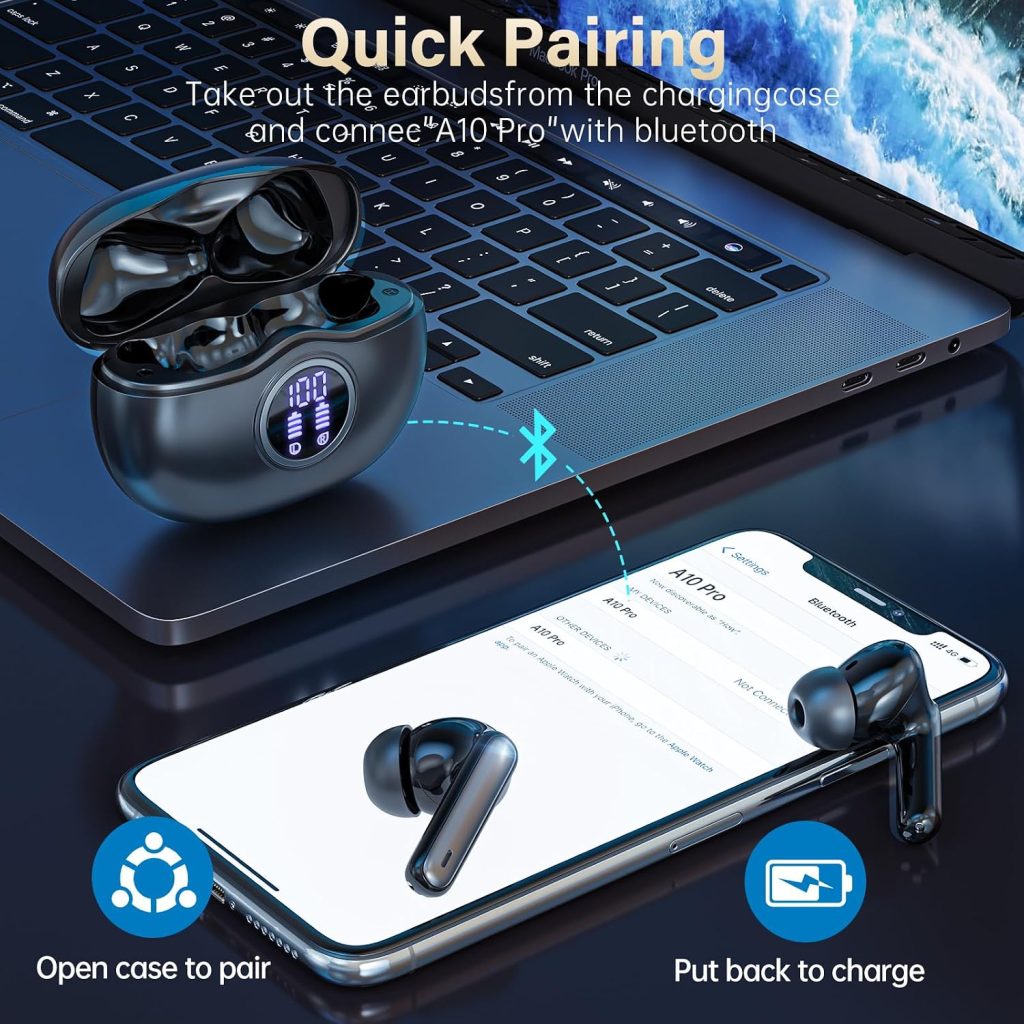 Wireless Earbuds, Bluetooth 6.0 Headphones HiFi Stereo 50H Playback LED Digital Display Ear Buds with ENC Noise Canceling Headset, IPX7 Waterproof Earphones for Gym/Running/Work(Black)