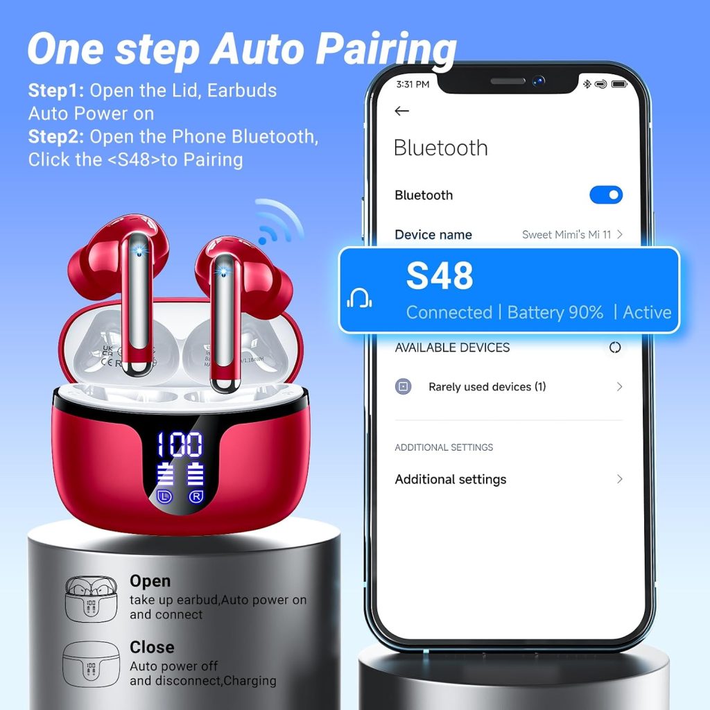 Wireless Earbuds, Bluetooth 5.4 ear buds with 4 ENC Noise Cancelling Mics, Bluetooth Earbuds with 48H Playtime, IPX7 Waterproof Workout earbuds, Red headphones HiFi Sound LED Display for iOS Android