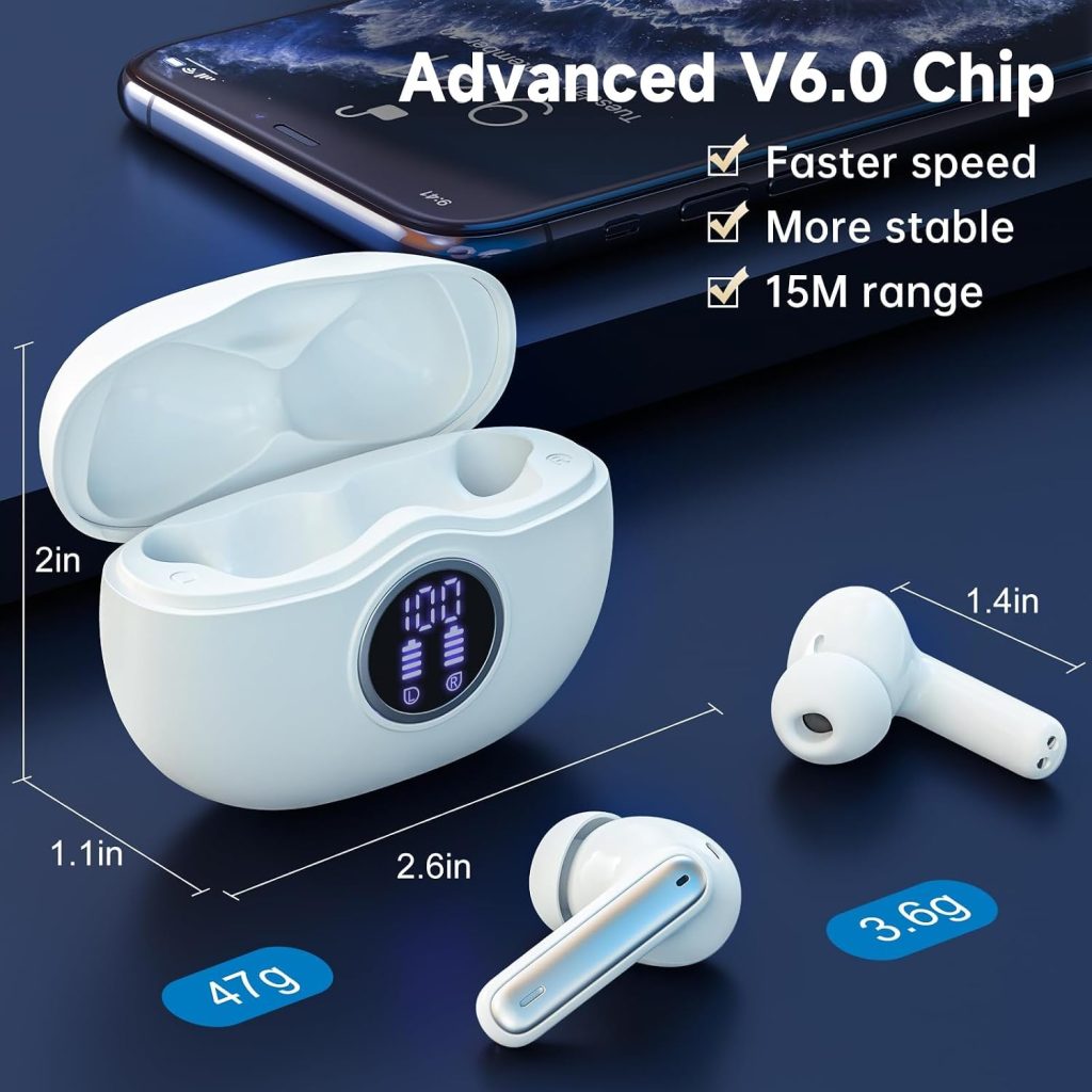 Wireless Earbuds, Bluetooth 6.0 Headphones HiFi Stereo 50H Playback LED Digital Display Ear Buds with ENC Noise Canceling Headset, IPX7 Waterproof Earphones for Gym/Running/Work（White）