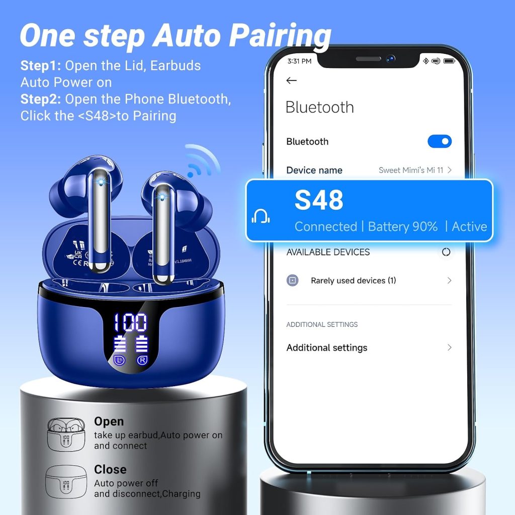 Wireless Earbuds, Bluetooth 5.4 ear buds with 4 ENC Noise Cancelling Mics, Bluetooth Earbuds with 48H Playtime, IPX7 Waterproof Workout earbuds, Blue headphones HiFi Sound LED Display for iOS Android