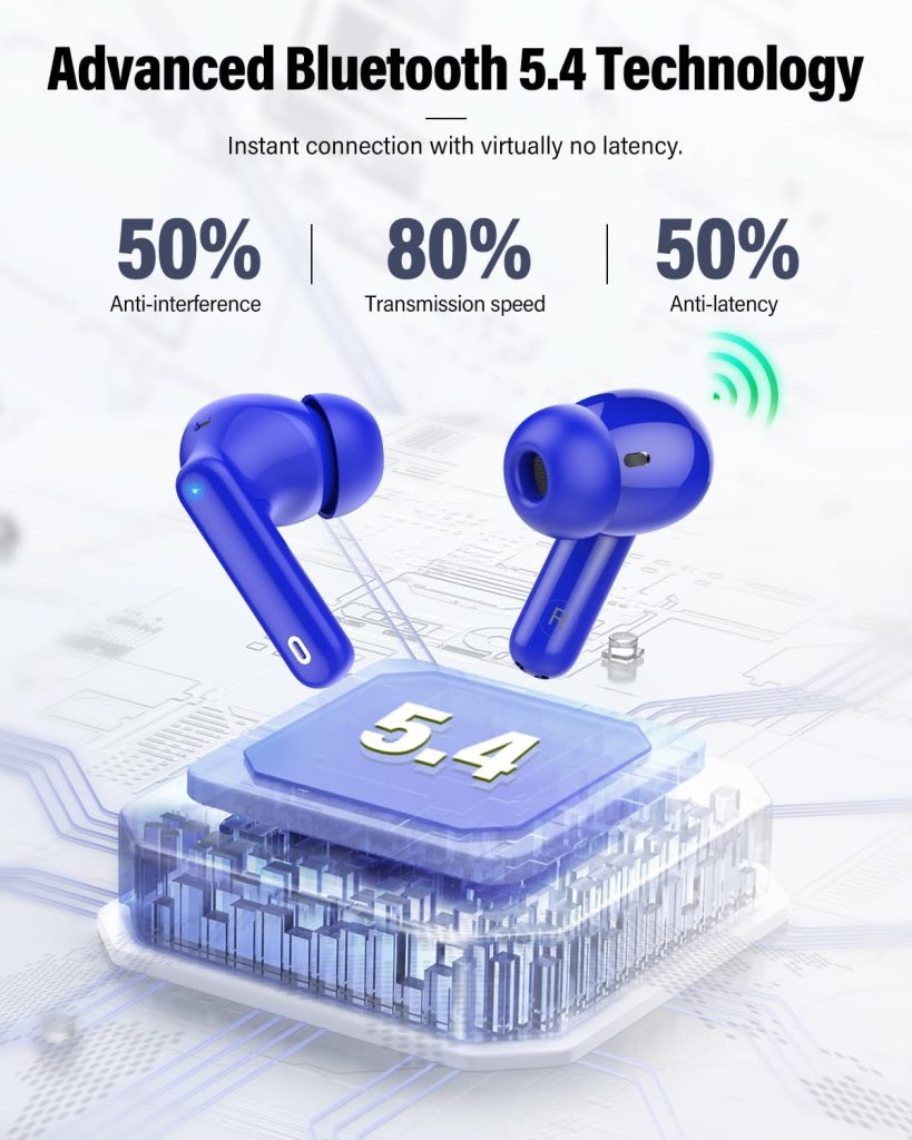 Wireless Earbuds, Bluetooth 5.4 Headphones Bass Stereo/Clear Calls, Blue