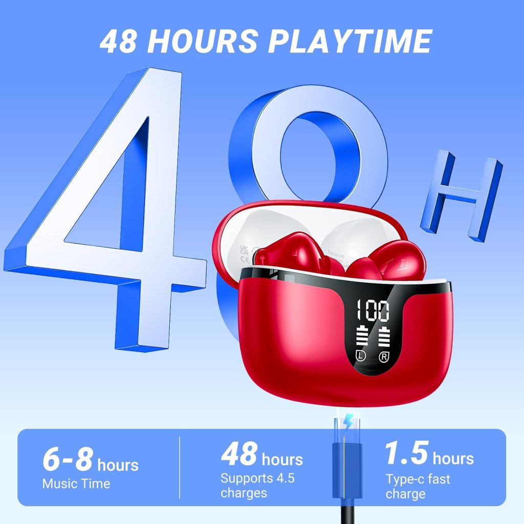 Wireless Earbuds, Bluetooth 5.4 ear buds with 4 ENC Noise Cancelling Mics, Bluetooth Earbuds with 48H Playtime, IPX7 Waterproof Workout earbuds, Red headphones HiFi Sound LED Display for iOS Android