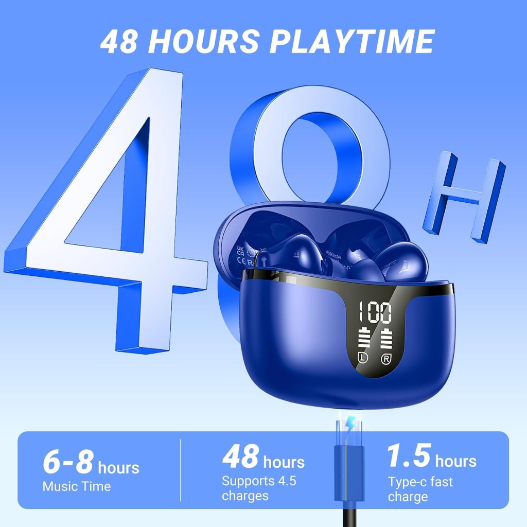 Wireless Earbuds, Bluetooth 5.4 ear buds with 4 ENC Noise Cancelling Mics, Bluetooth Earbuds with 48H Playtime, IPX7 Waterproof Workout earbuds, Blue headphones HiFi Sound LED Display for iOS Android