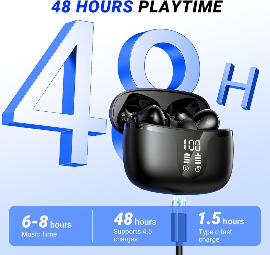 Wireless Earbuds, Bluetooth 5.4 ear buds with 4 ENC Noise Cancelling Mics, with 48H Playtime Bluetooth Earbuds, IPX7 Waterproof Workout earbuds,HiFi Sound LED Display Headphones Black for iOS Android