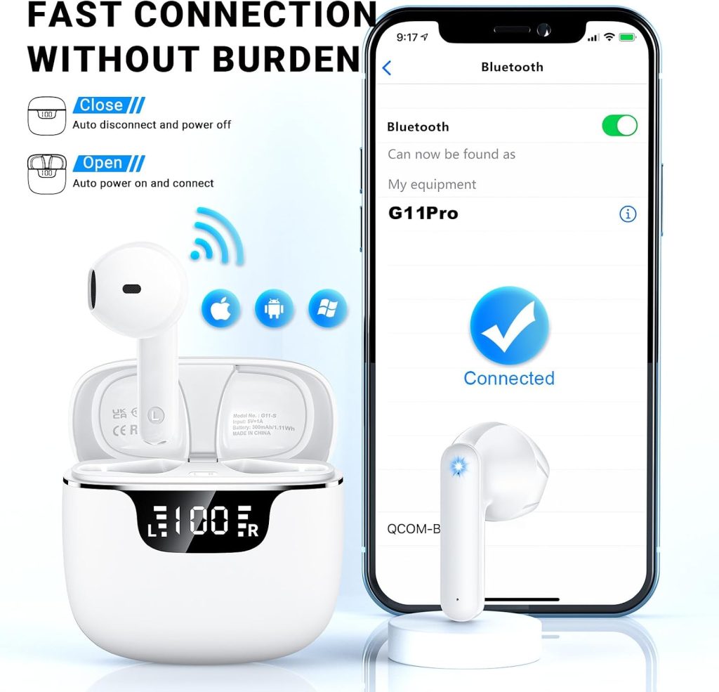 Wireless Earbuds, Bluetooth 5.4 Headphones with 42H Ultralight Ear Buds,Bluetooth Earbuds with 4 ENC Noise Cancelling Mics, HiFi Deep Bass Dual LED Display USB-C, Waterproof Earphones for Android iOS